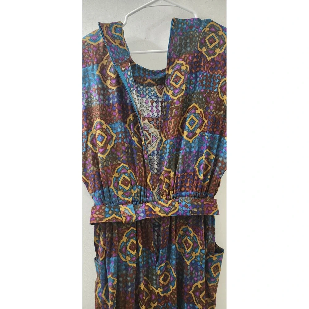 Worthington Essentials Vintage Midi Dress Geometric Print Belted Rayon Size 6